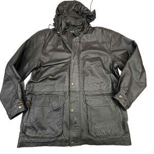 R&R Casuals Men's Black Leather Parka Jacket with Detachable Hood